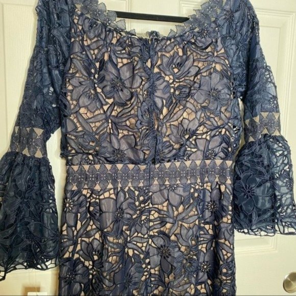 Tadashi Shoji Dresses Nwt Tadashi Shoji Navy Blue Nude Lace Off The Shoulder Maxi Dress Gown